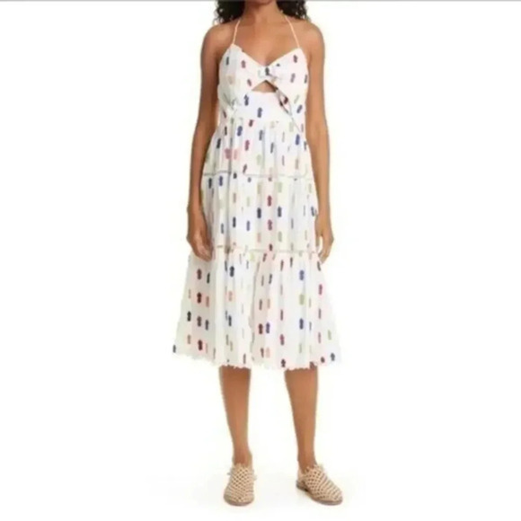 FARM RIO Pineapple Appliqué Keyhole Bodice Cotton Midi Dress B885 - Picture 1 of 3